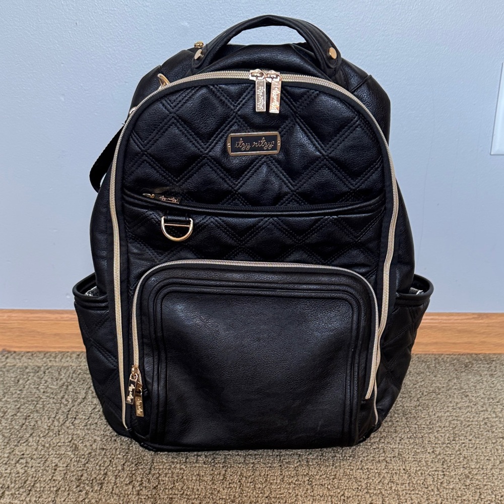Itzy Ritzy Boss Plus Backpack Diaper Bag Black Quilted Backpack with Gold Accent
